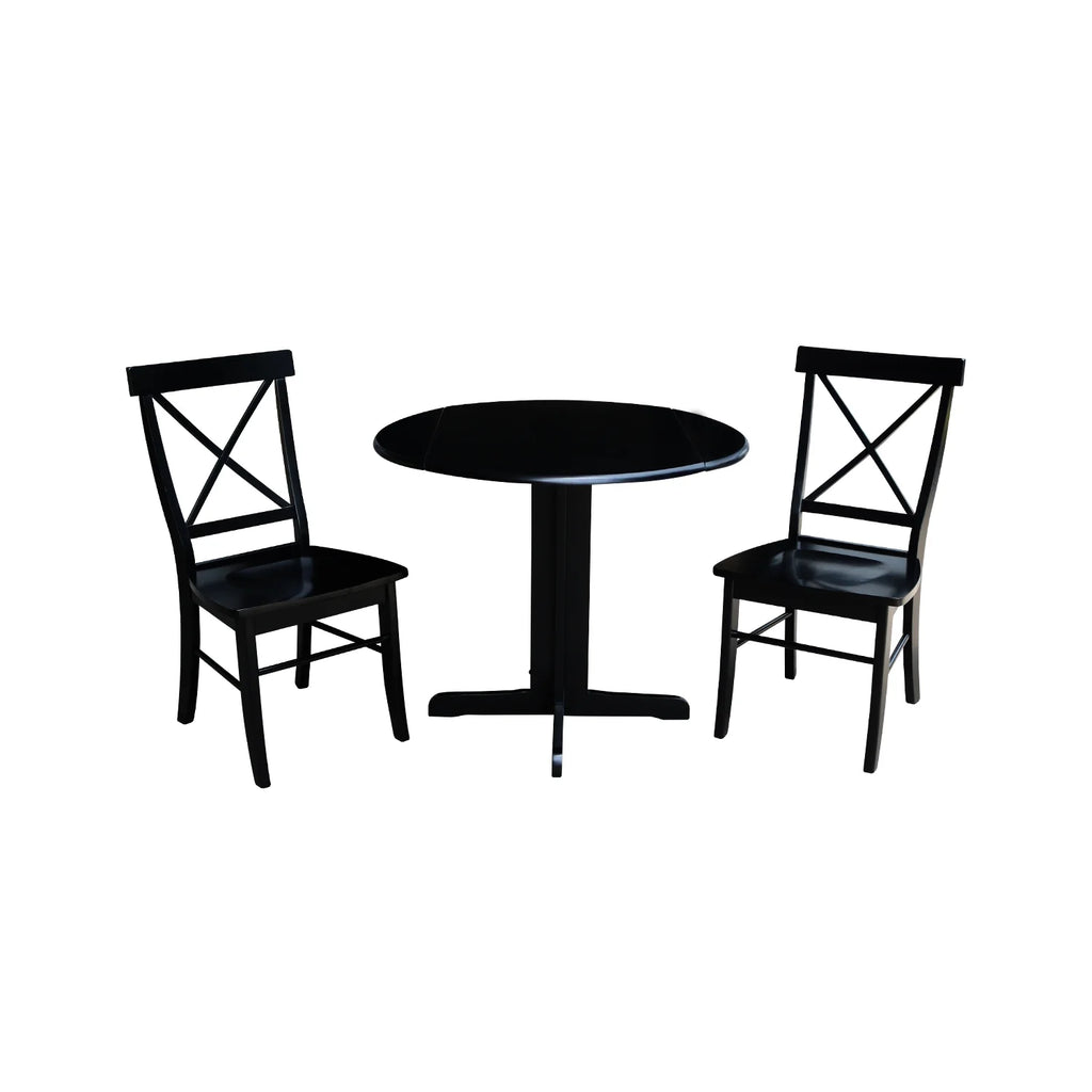 36 inch Dual Drop Leaf Dining Table with Two X-back Chairs in Black Z3579