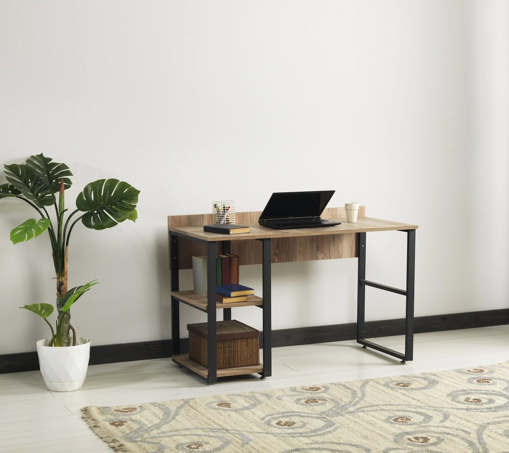 Black Metal Frame 58" Wooden Top 2 Shelves Writing and Computer Desk D820638