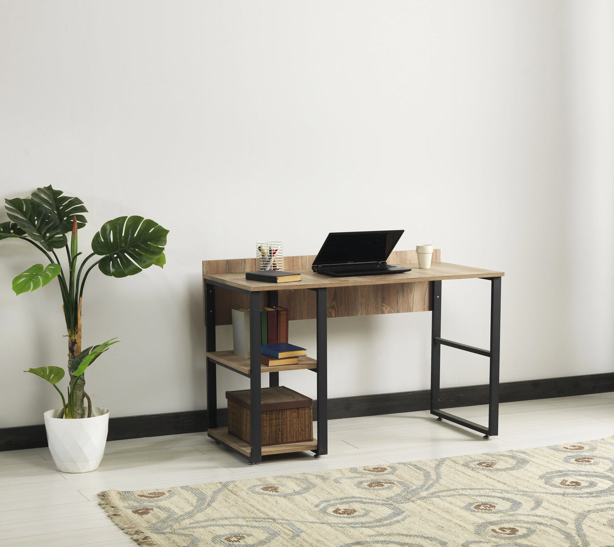 Black Metal Frame 58" Wooden Top 2 Shelves Writing and Computer Desk D820638