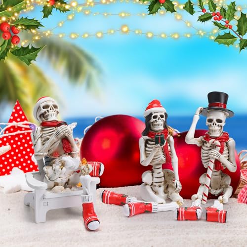 3 Pcs Skeleton Figurines with Christmas Hat and Scarf 7.5" Tall I805