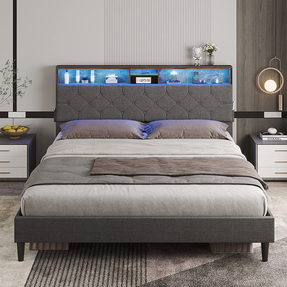 Full Size Platform Bed Frame with LED Headboard, Outlets and USB Ports, Dark Grey B257