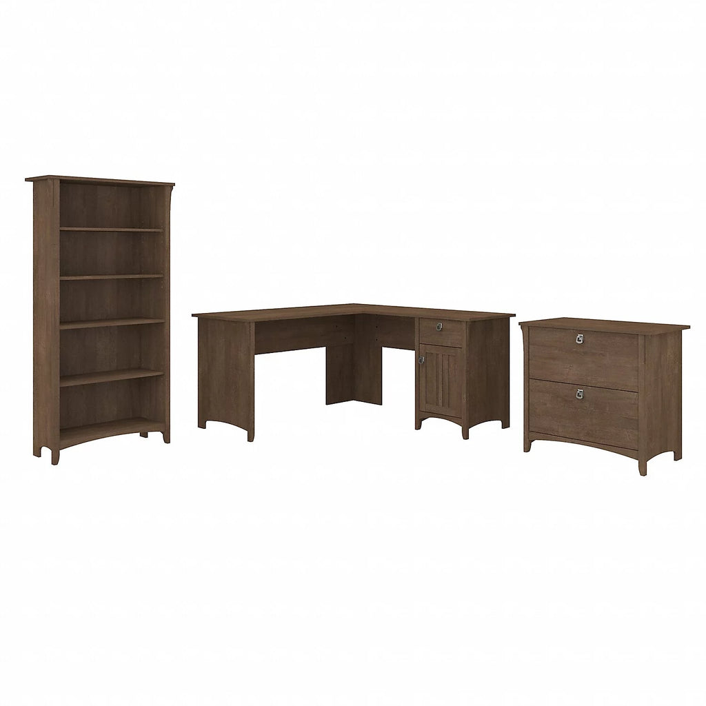 Ash Brown L Desk with File Cabinet & Bookcase A494733