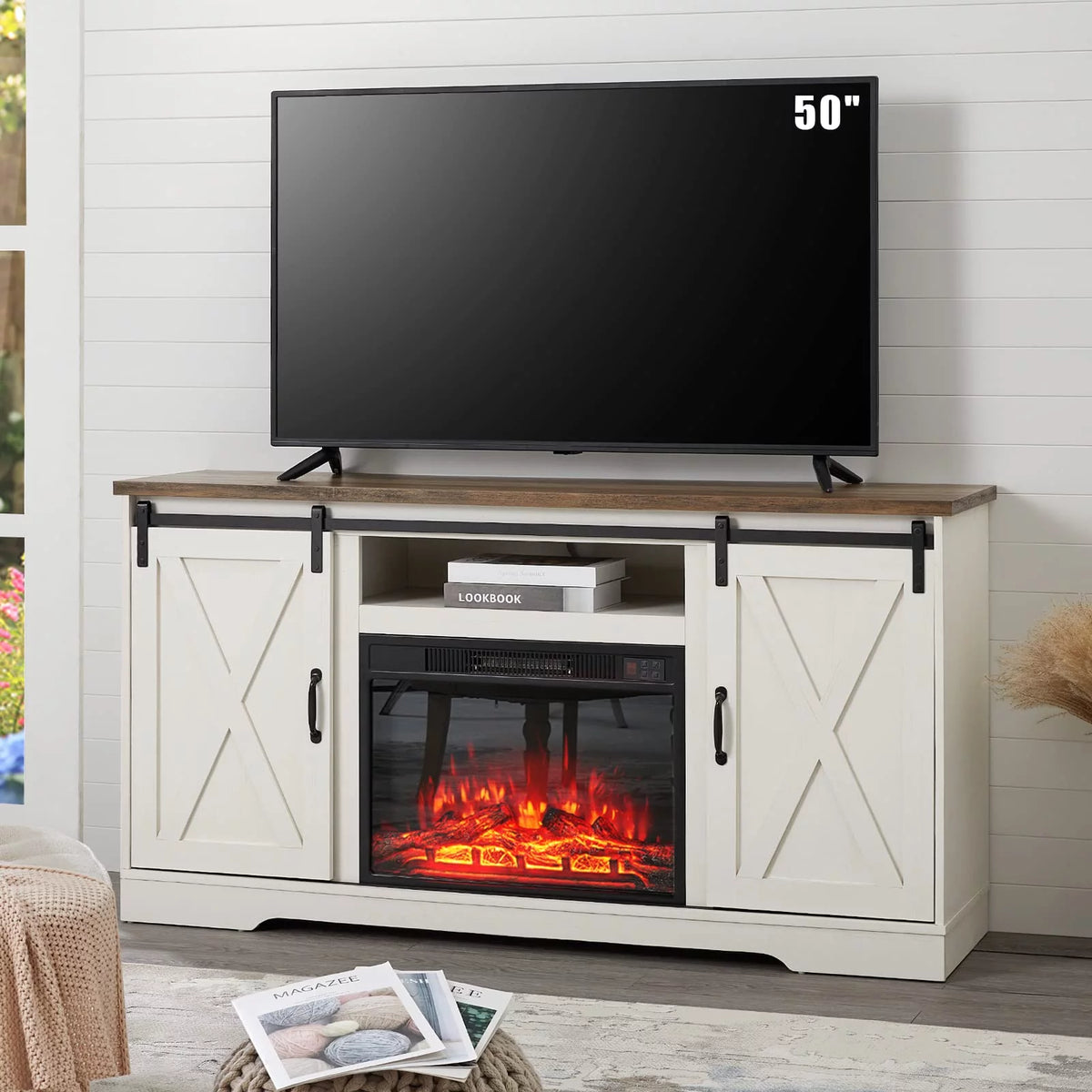 White Wood Fireplace TV Stand with 23'' Electric Fireplace Insert O2615