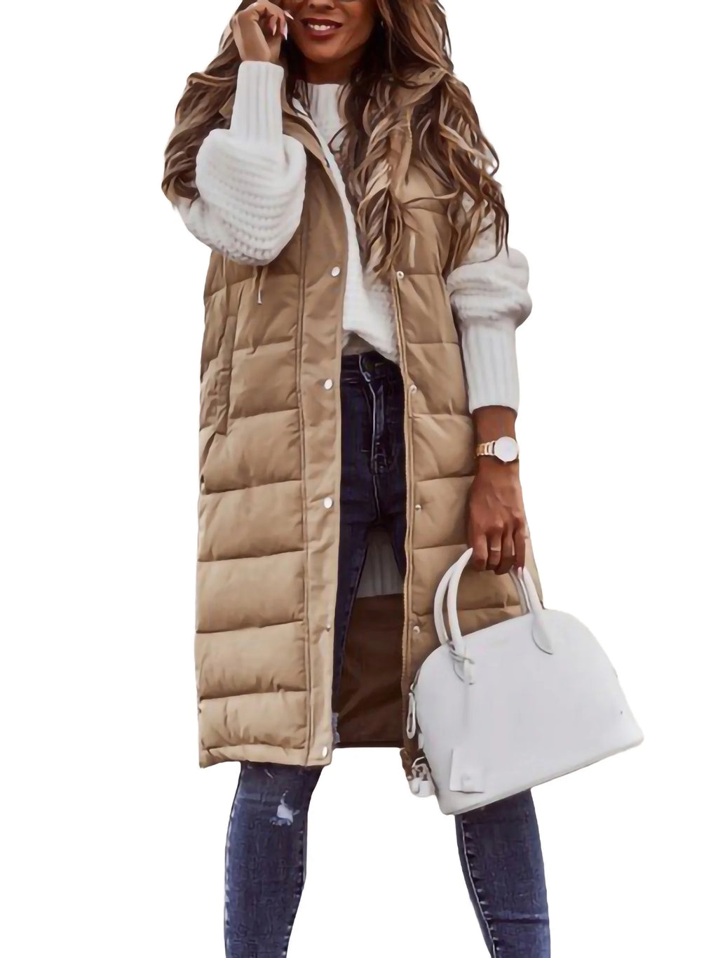Women's Hooded Down Long Vest Padded Jacket with Pockets K402165