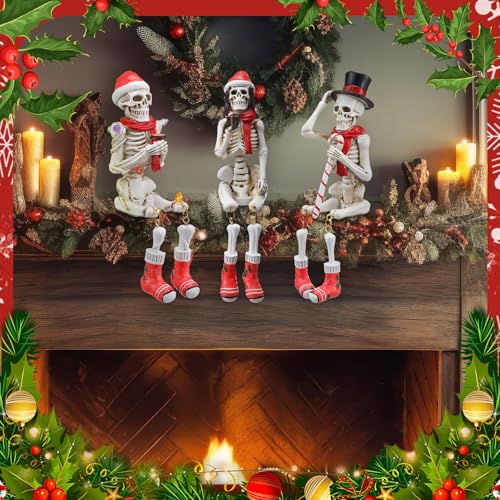 3 Pcs Skeleton Figurines with Christmas Hat and Scarf 7.5" Tall I805