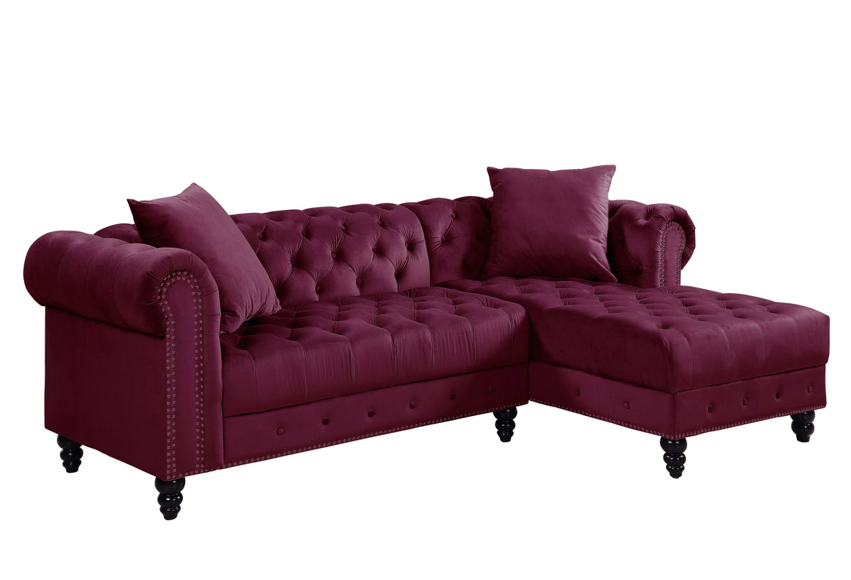 Red Velvet Tufted Sectional Sofa with 2 Pillows E583