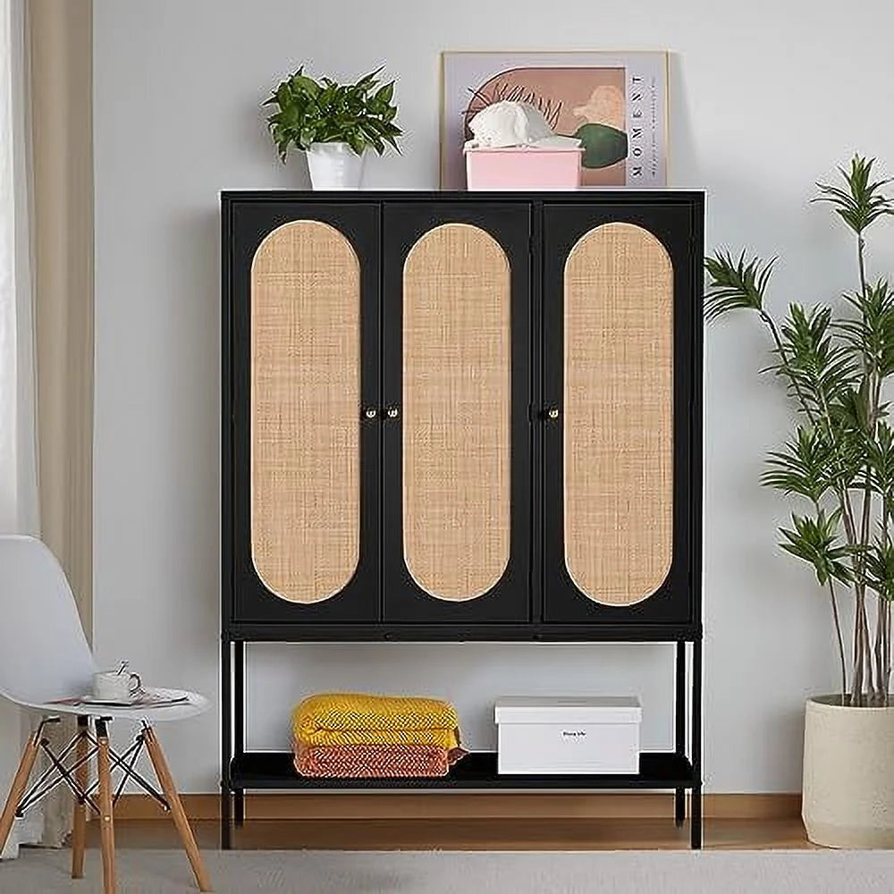 Large 3 Door Rattan Wardrobe Closet with Shelves and Hanging Rail B56057