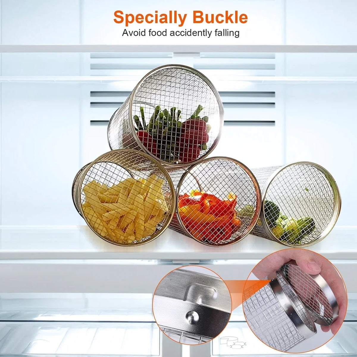 2Pcs Portable BBQ Rolling Basket Round Stainless Steel Grill Mesh with Removable Cover H451