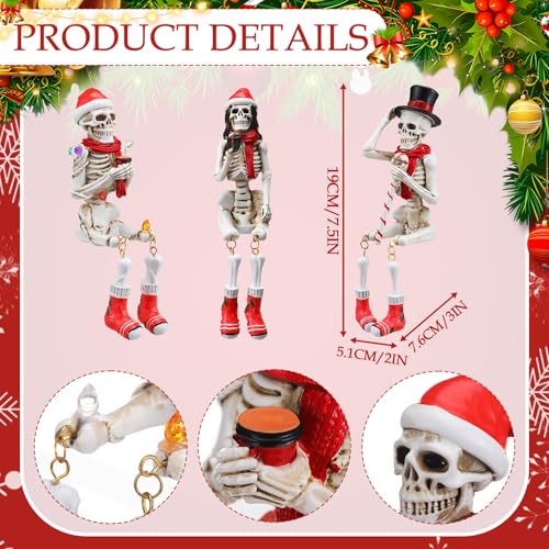 3 Pcs Skeleton Figurines with Christmas Hat and Scarf 7.5" Tall I805