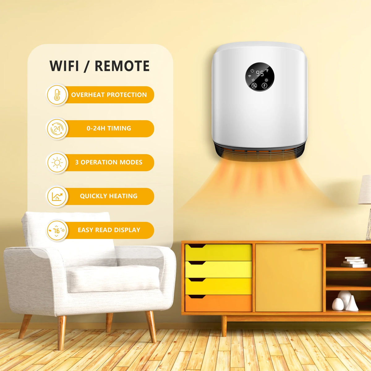 1500W Portable Wall Mounted Space Heater with Adjustable Thermostat G850
