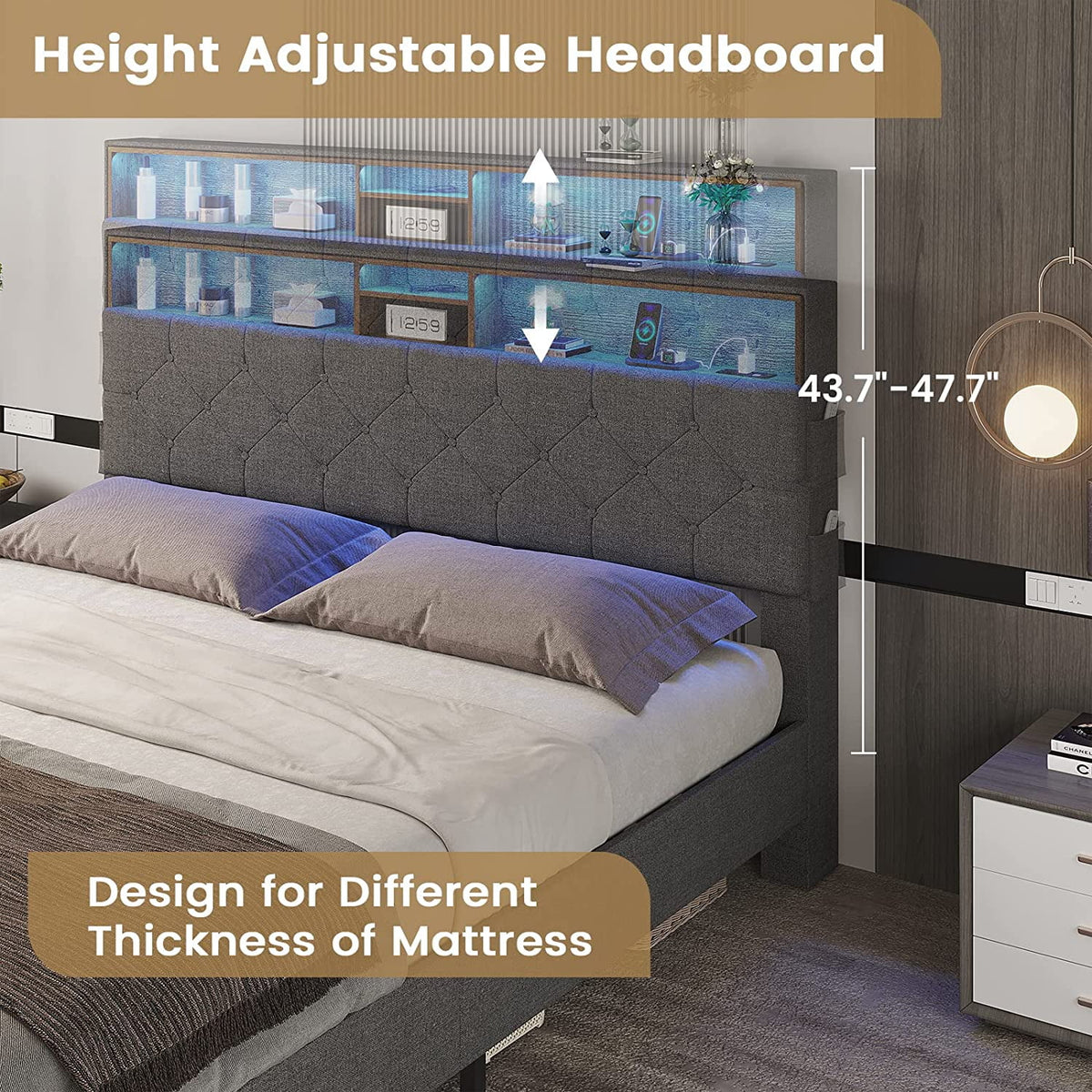 Full Size Platform Bed Frame with LED Headboard, Outlets and USB Ports, Dark Grey B257