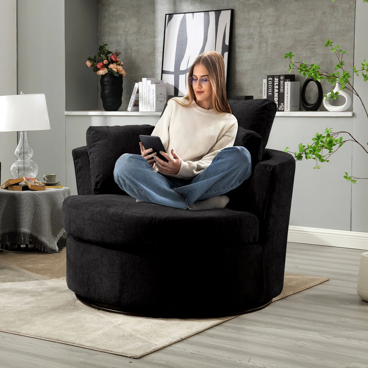 Black Chenille Swivel Barrel Chair with Pillows N2531