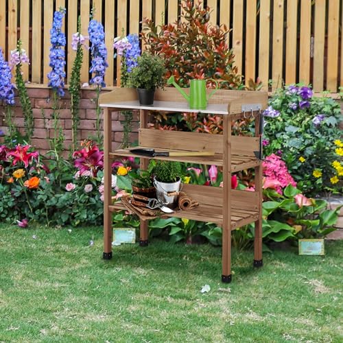Fir Wood Potting Bench Table with 3 Tier Shelves F3645