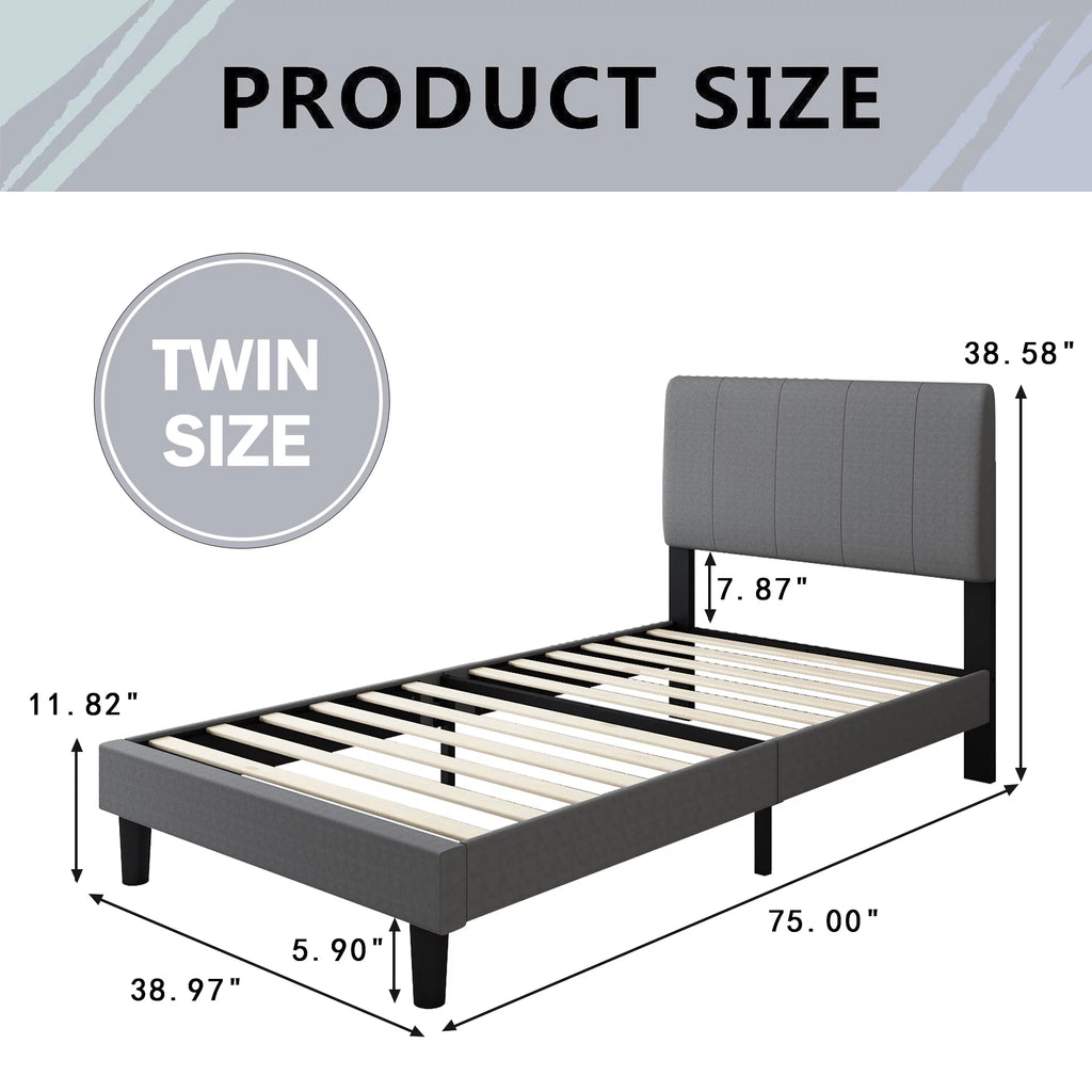 Gray Upholstered Twin Platform Bed with Headboard P31938
