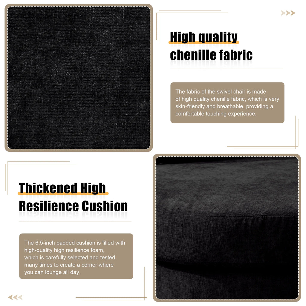 Black Chenille Swivel Barrel Chair with Pillows N2531