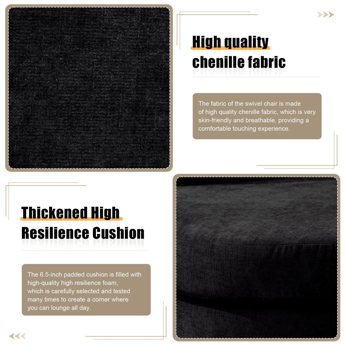 Black Chenille Swivel Barrel Chair with Pillows N2531
