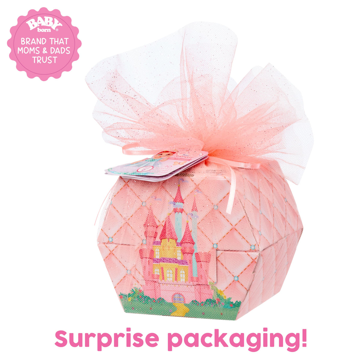 Baby Born Surprise Small Dolls Series 9 with 3 Water Surprises, Princess-Themed Dress, Color Change Diaper, Castle Packaging I994