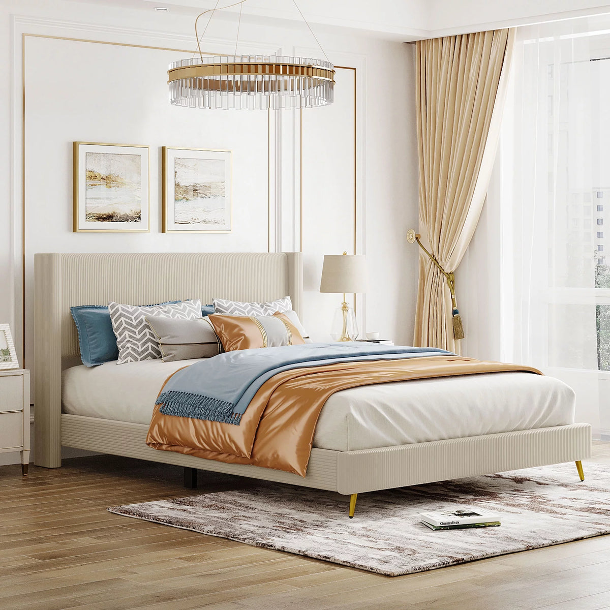 Queen Size Beige Corduroy Upholstered Platform Bed with Headboard J969