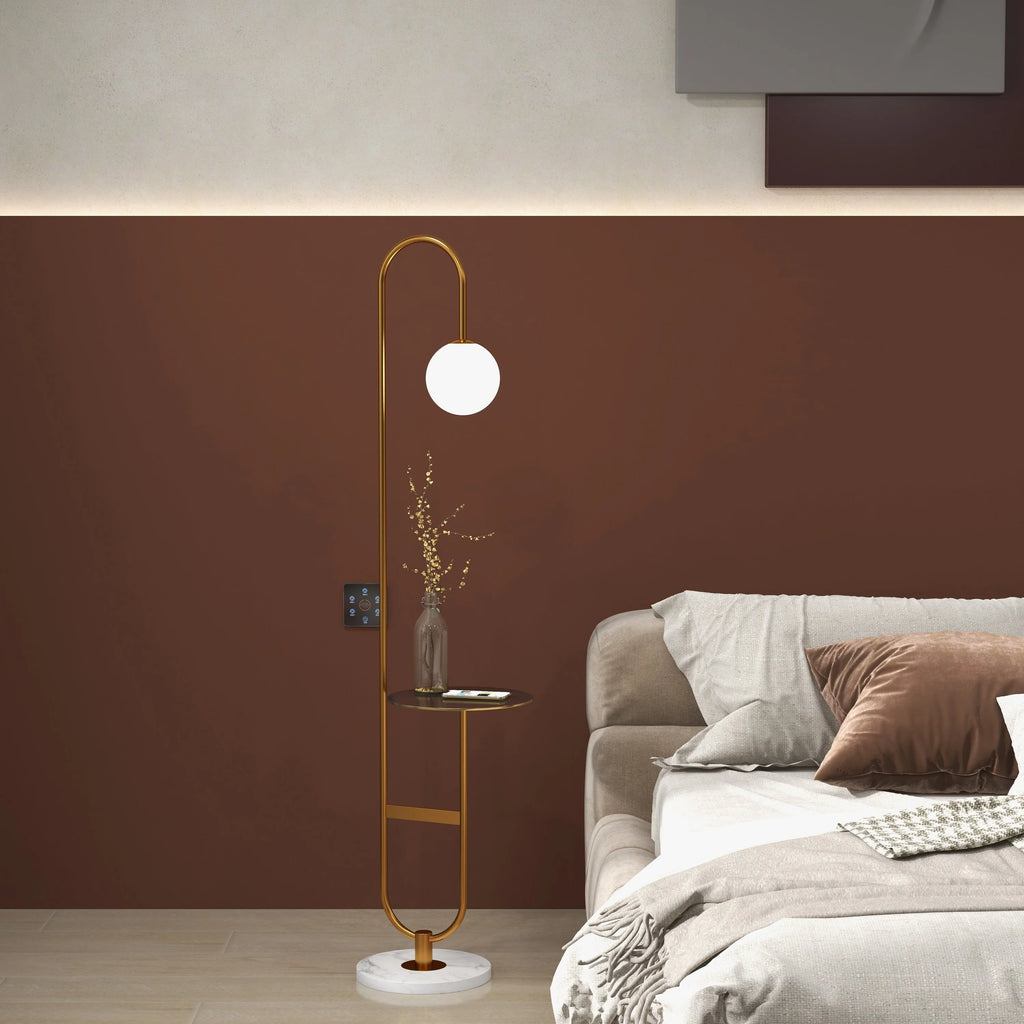 60" Modern Arc Floor Lamp with Shelf Gold Glass Shade Marble Base U7586