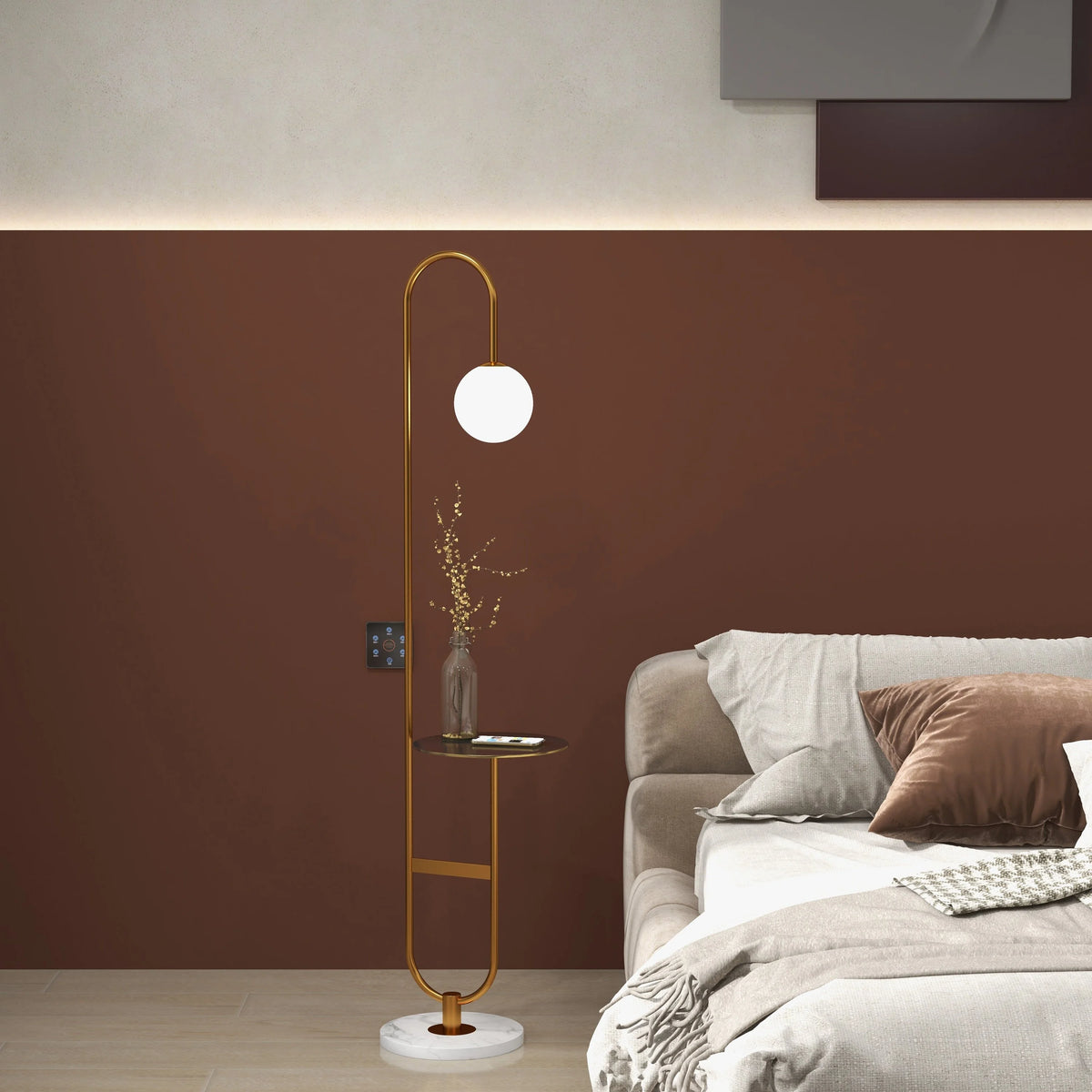 60" Modern Arc Floor Lamp with Shelf Gold Glass Shade Marble Base U7586