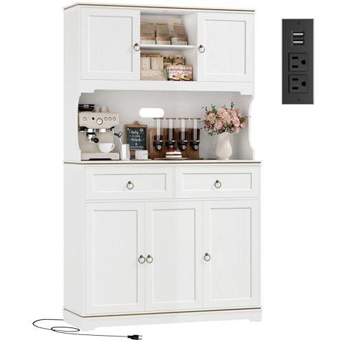 White Kitchen Pantry Cabinet with Charging Station J822208