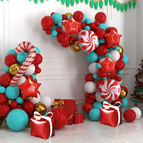 Red and Green Christmas Balloon Arch Kit with Candy Cane and Star Foil Balloons P14236