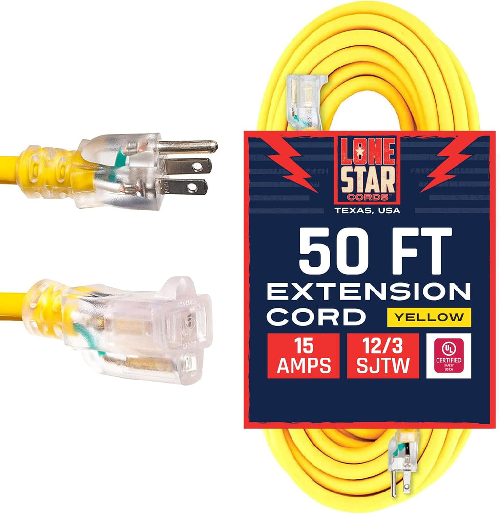 Yellow 50 Foot 12/3 SJTW Lighted Extension Cord 3 Prong Grounded Plug 12 Gauge Cable Pack of 2 M4281