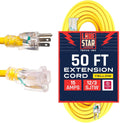 Yellow 50 Foot 12/3 SJTW Lighted Extension Cord 3 Prong Grounded Plug 12 Gauge Cable Pack of 2 M4281