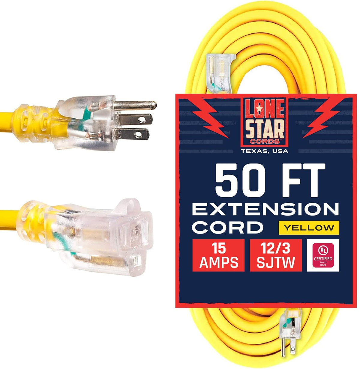 Yellow 50 Foot 12/3 SJTW Lighted Extension Cord 3 Prong Grounded Plug 12 Gauge Cable Pack of 2 M4281
