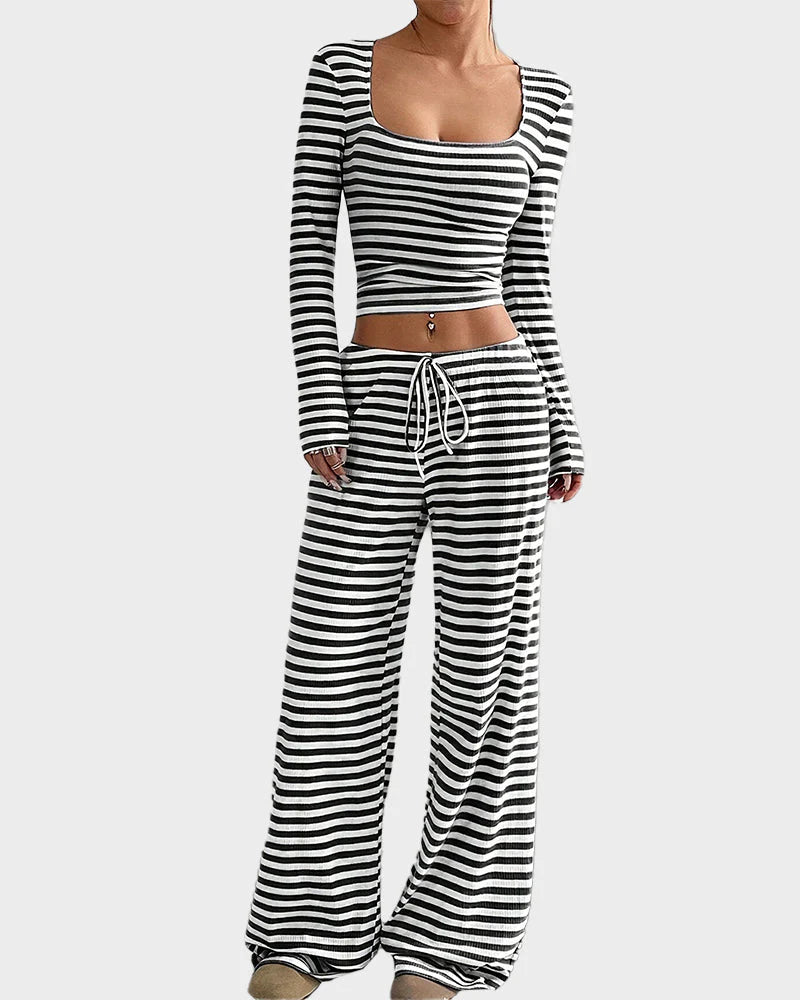 Stripe Crop Top & Wide Leg Two-Piece Lounge Set P3450