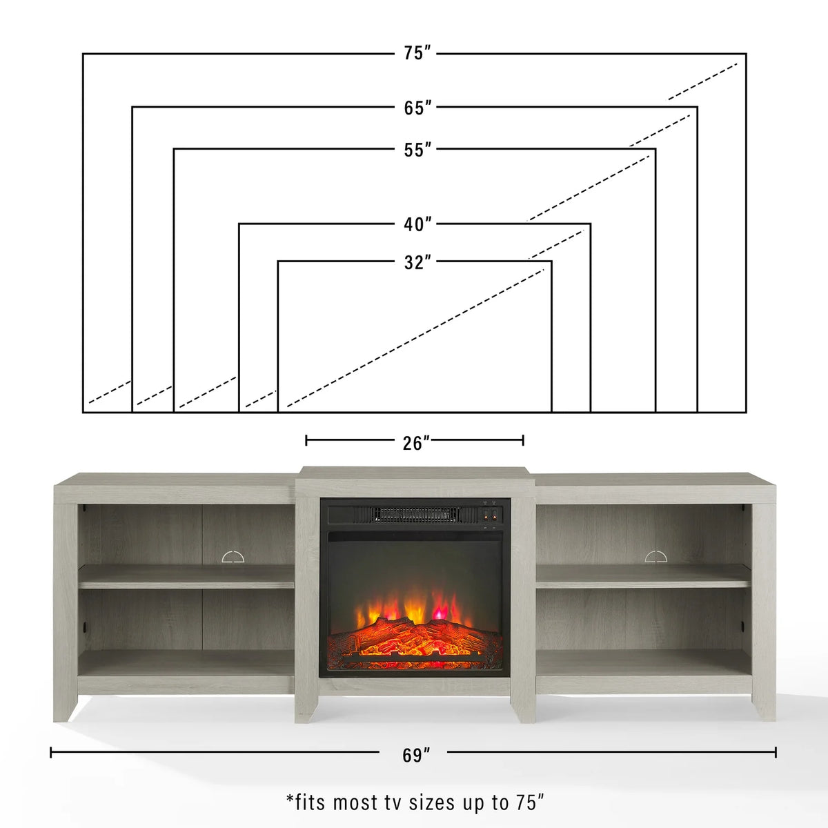 69" Low Profile Tv Stand W/Fireplace Whitewash S2106