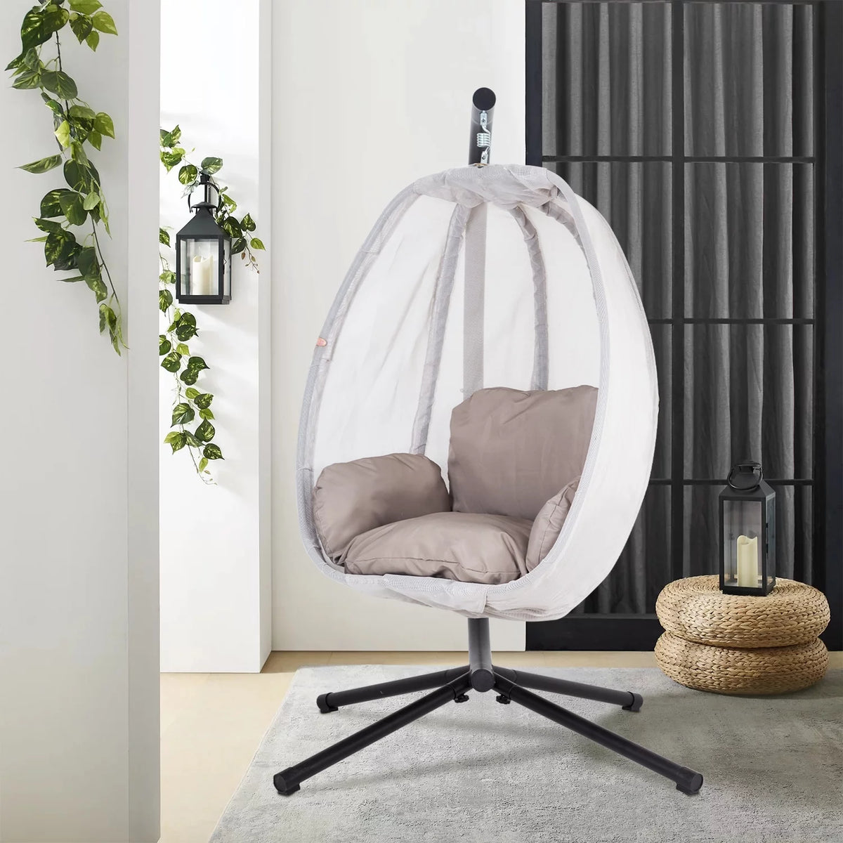 Egg Chair with Metal Stand and Cushion, 400LBS Capacity, Gray A186