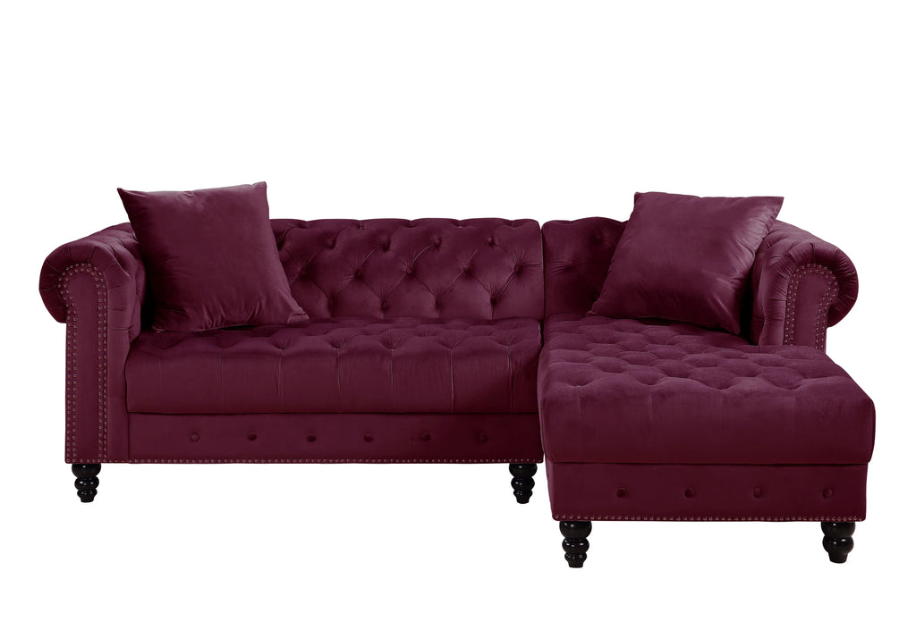 Red Velvet Tufted Sectional Sofa with 2 Pillows E583