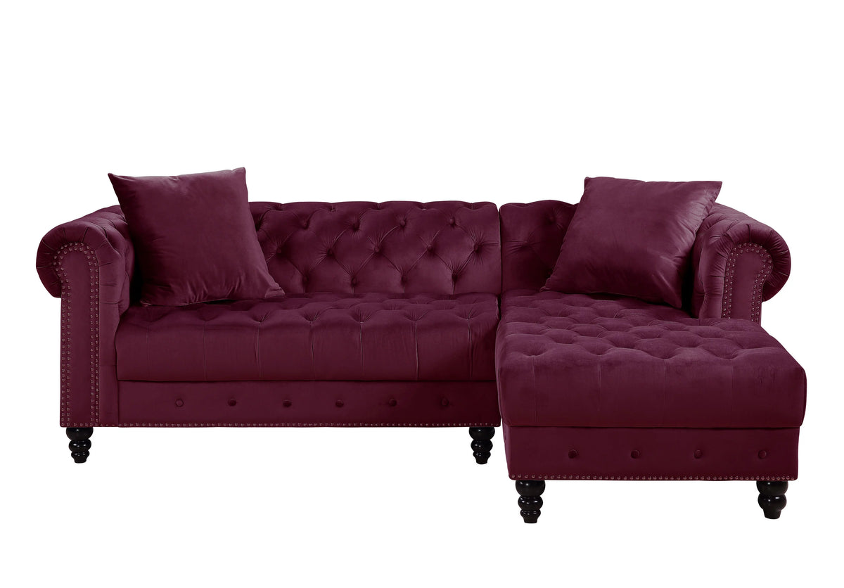 Red Velvet Tufted Sectional Sofa with 2 Pillows E583
