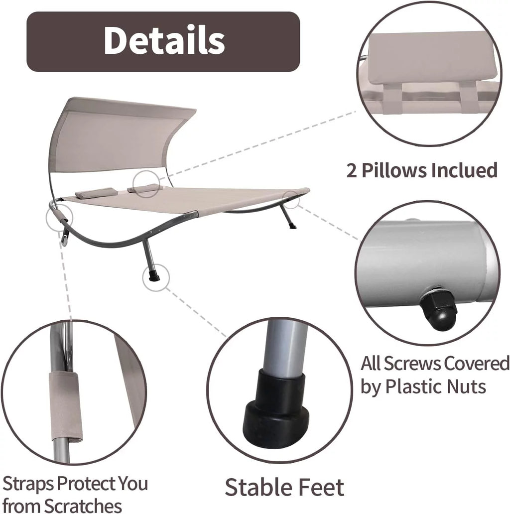 Double Chaise Lounge Bed with Canopy, Headrest Pillow and Wheels R3777