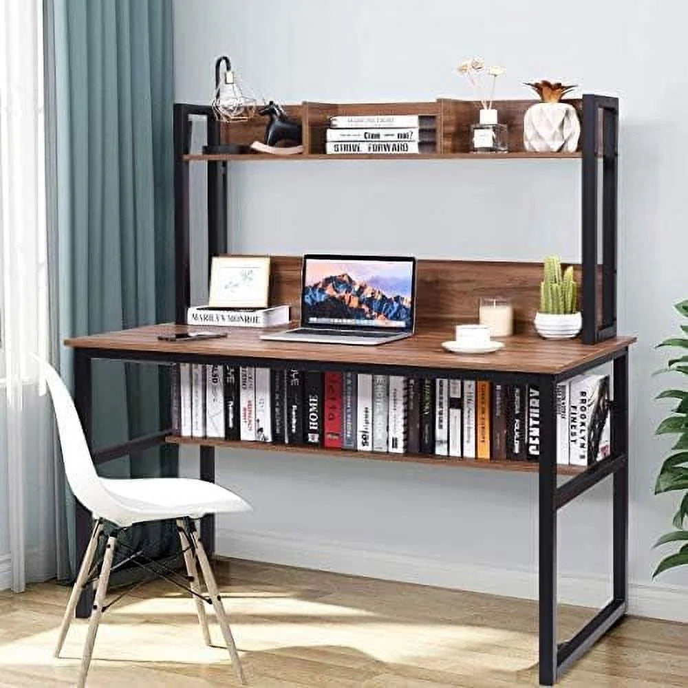 Light Walnut Computer Desk with Hutch and Bookshelves S7704