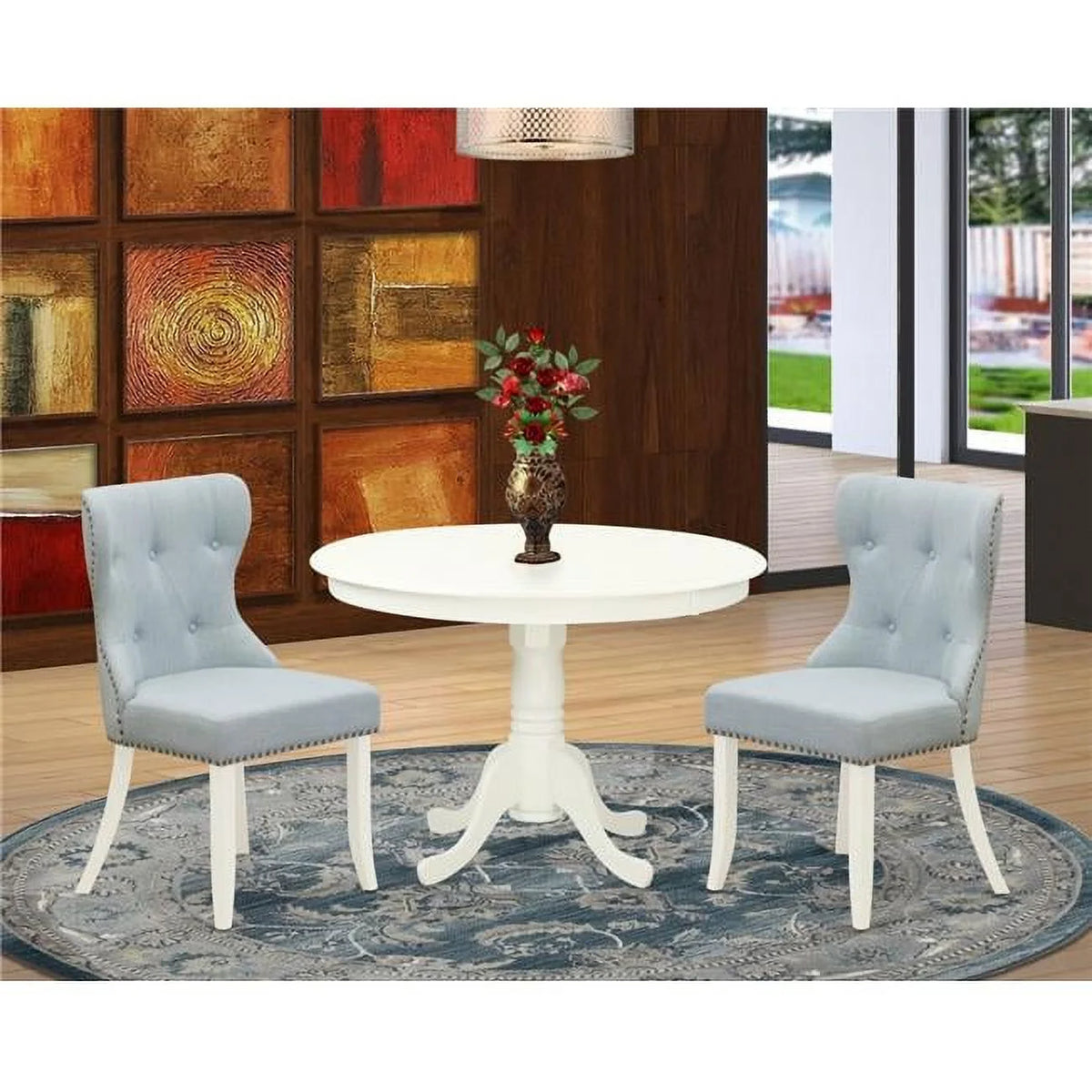 Modern Dining Table Set Linen White Baby Blue Set of 2 H663