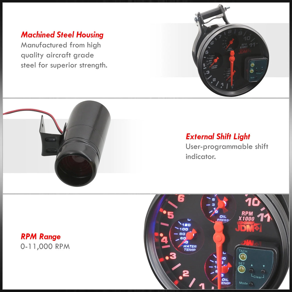 5" Black Face 4-in-1 Tachometer Gauge with Oil Water Temperature Pressure T46682