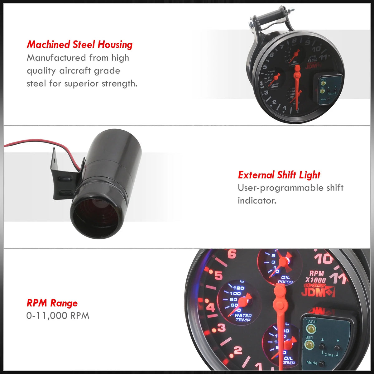 5" Black Face 4-in-1 Tachometer Gauge with Oil Water Temperature Pressure T46682