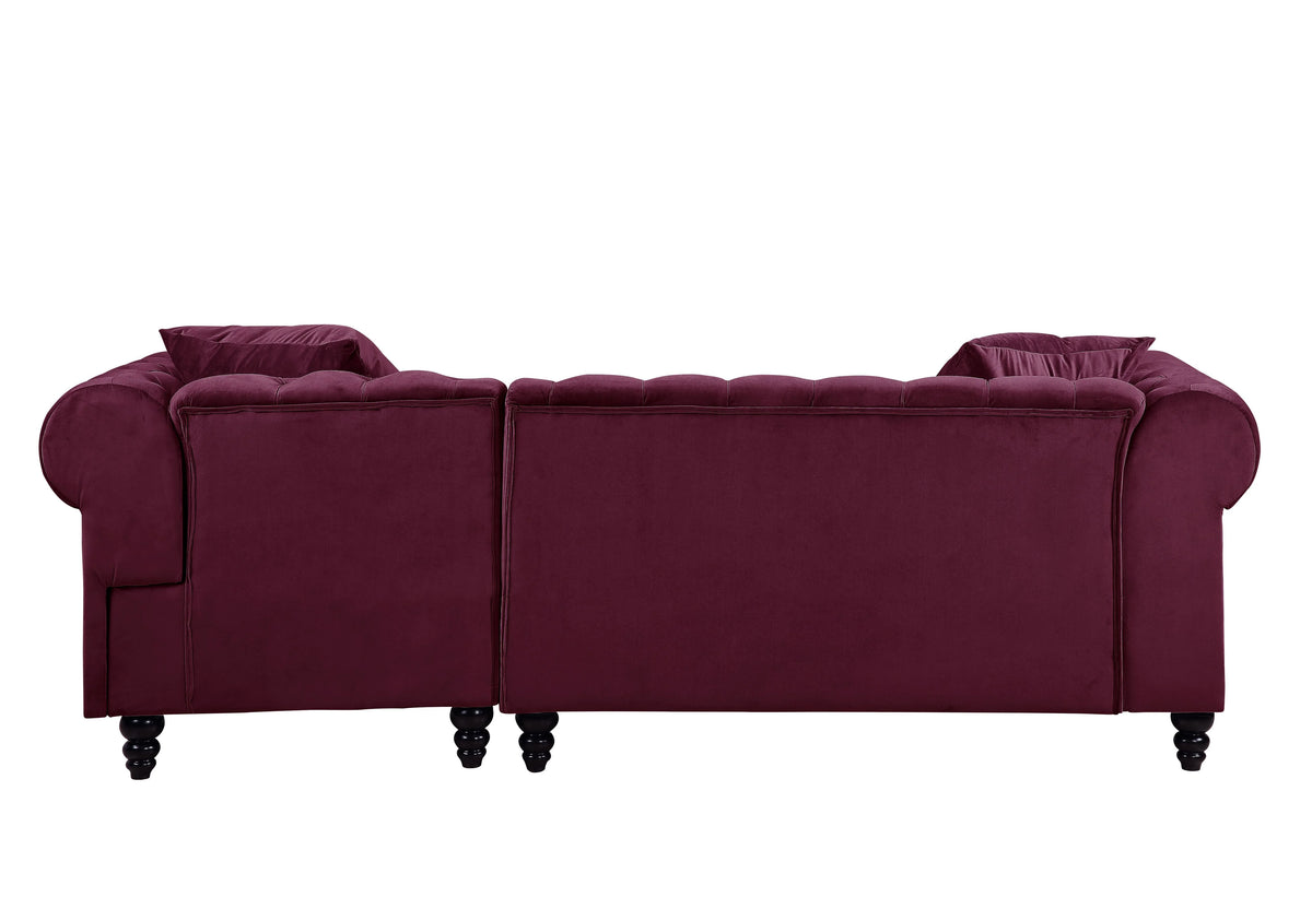 Red Velvet Tufted Sectional Sofa with 2 Pillows E583
