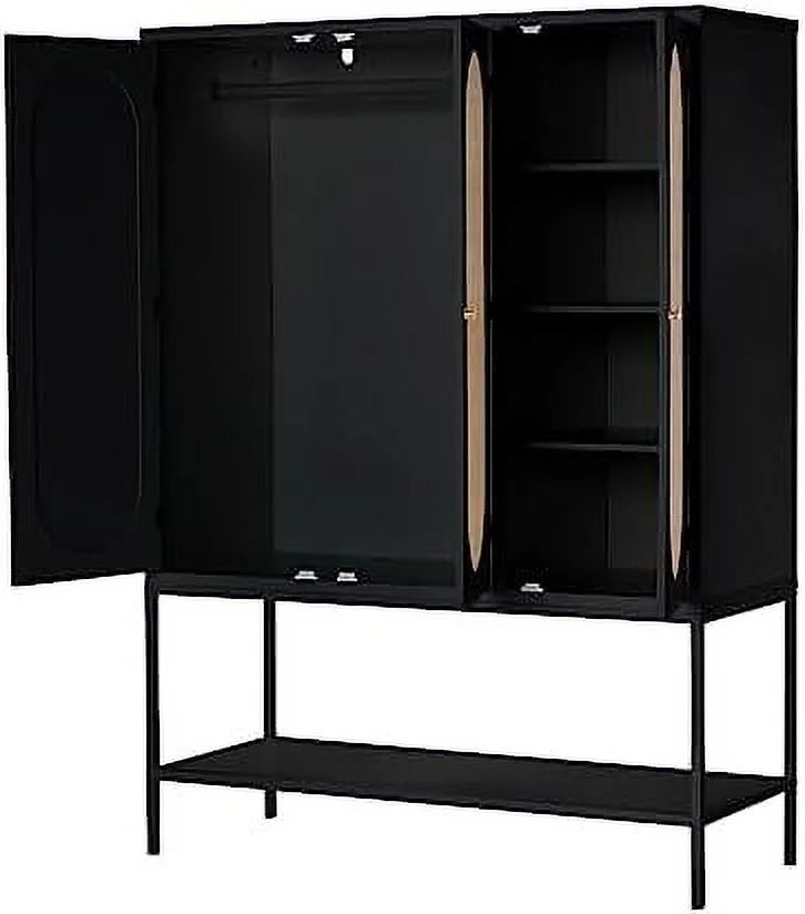 Large 3 Door Rattan Wardrobe Closet with Shelves and Hanging Rail B56057