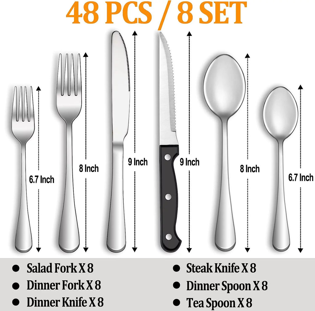 48 Pcs Stainless Steel Silverware Set with Steak Knives U3072