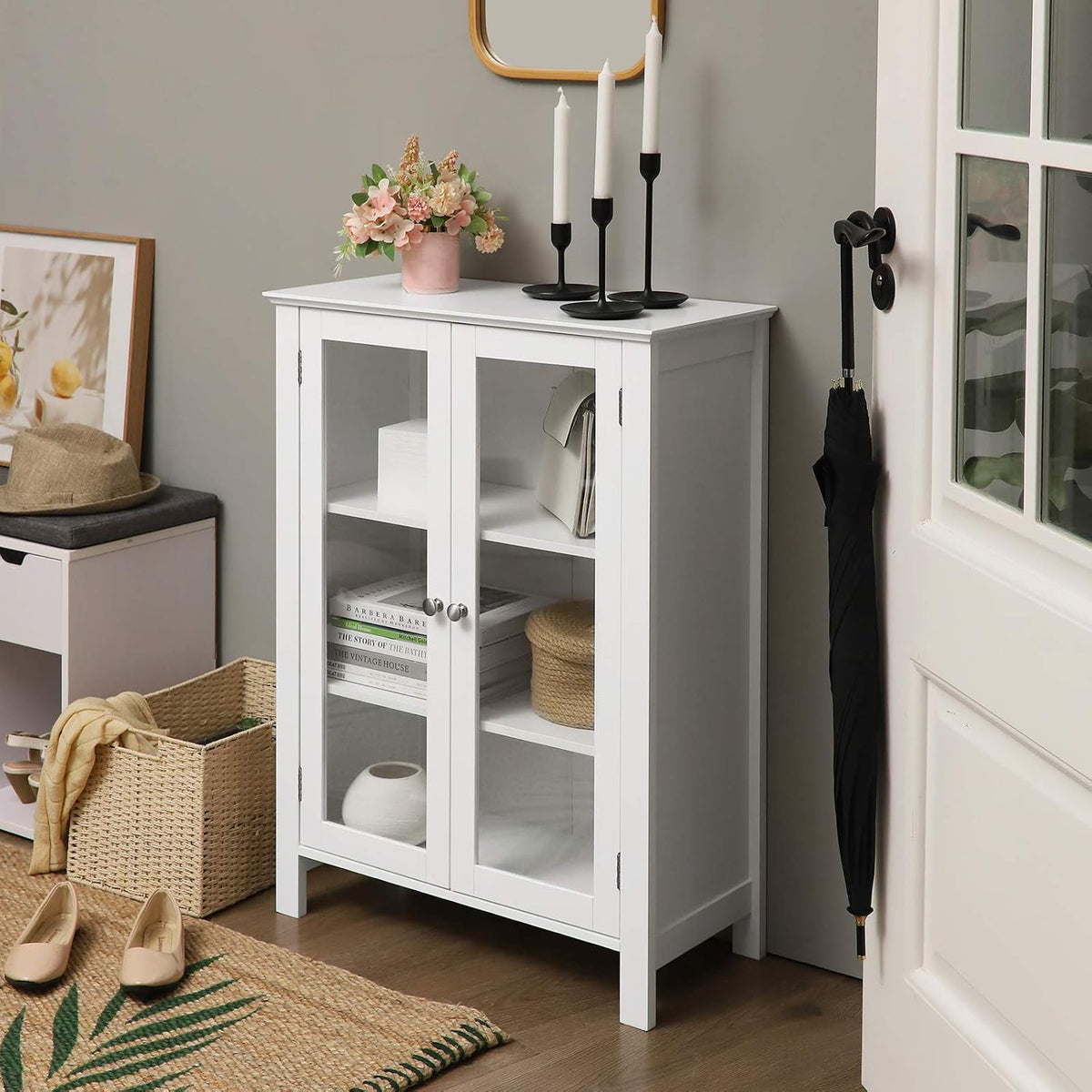 Storage Cabinet with 2 Adjustable Shelves, Transparent Glass Doors, Matte White R123843