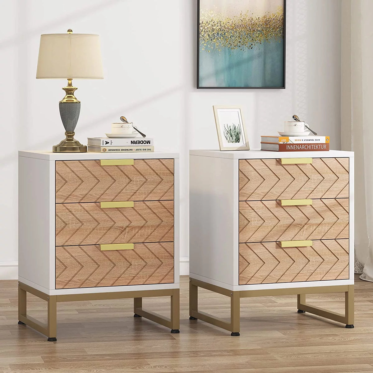 Set of 2 White Gold 3 Drawer Nightstand E83216