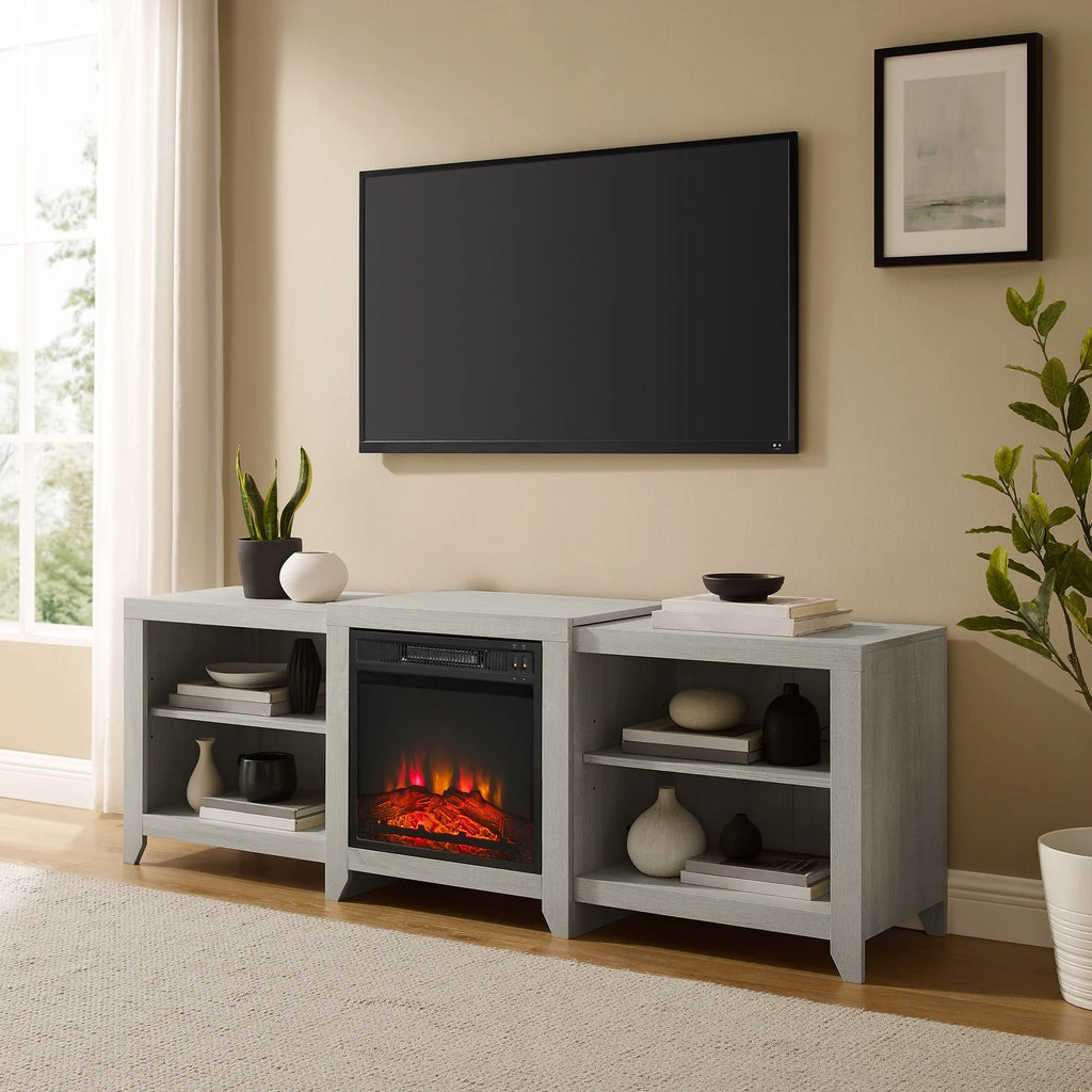 69" Low Profile Tv Stand W/Fireplace Whitewash S2106