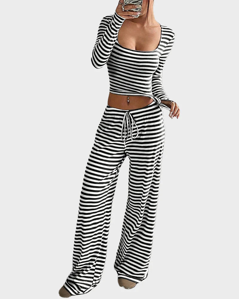 Stripe Crop Top & Wide Leg Two-Piece Lounge Set P3450