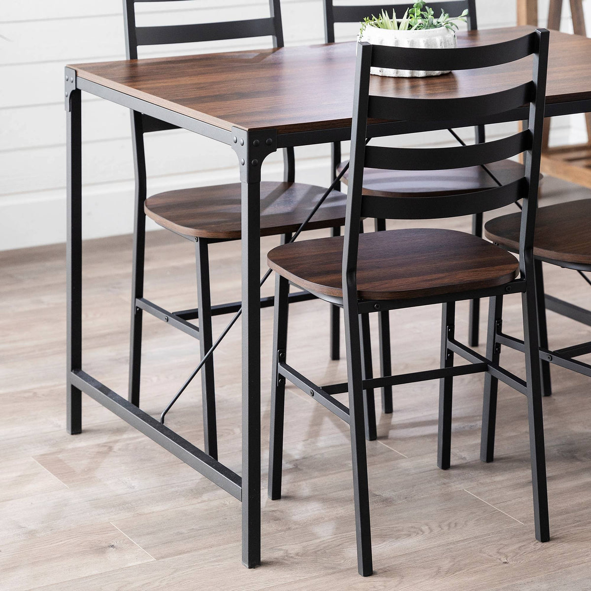 5pc Industrial Farmhouse Angle Iron Dining Set Dark Walnut M76926