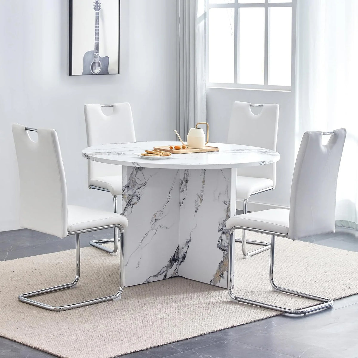 White 5 Piece Round Dining Table Set L5076