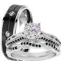 3 Piece Sterling Silver Black Wedding Band Engagement Ring Set X17106