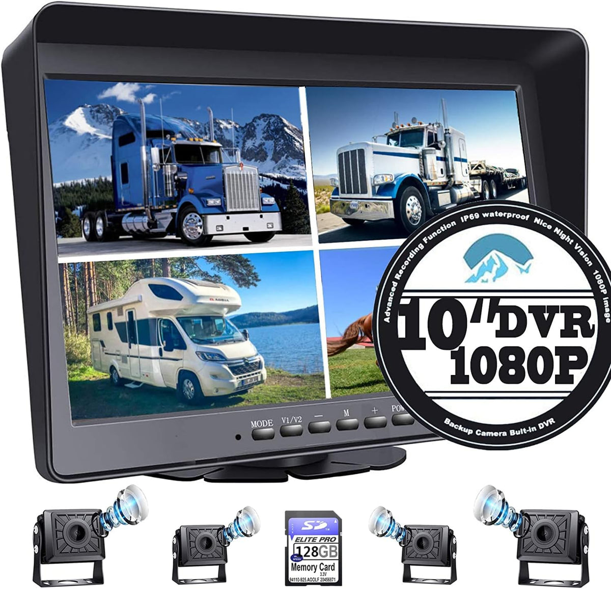 10.1 Monitor Backup Camera Wired System 1080P HD 4 Split Screen IP69 Waterproof X468859